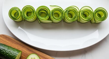 Fresh cucumber slices rolled and arranged on a white plate
