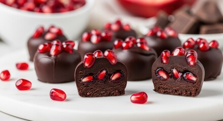 Delicious dark chocolate truffles topped with fresh pomegranate seeds