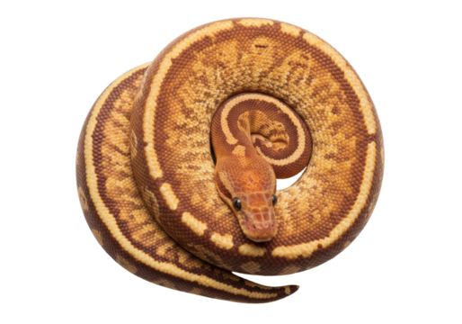 Isolated coiled ball python slithering pet reptile snake with brown and tan markings pattern