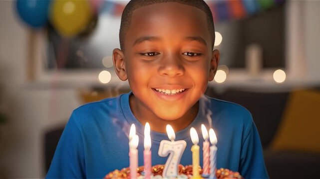 Happy African-American boy celebrating 7th birthday with lit candles on cake indoors at party