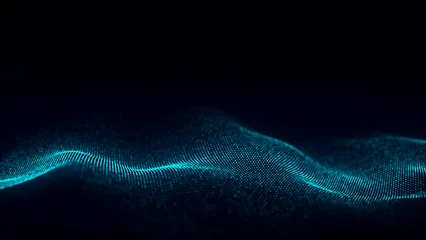 Music color wave of particles and lines. Big data visualization. Abstract blue background with a dynamic wave. 3d rendering. © Oleksii