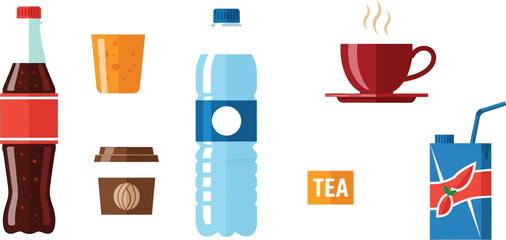 Varioustypesofdrinksinbottles,cups,andcartonsisolatedonwhitebackground