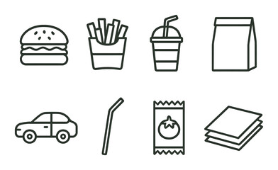 Fast food icons set: burger, fries, drink, bag, car, straw, sauce, napkins