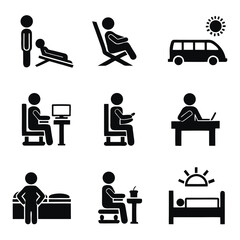 Collection of stick figure illustrations depicting various activities and scenarios in black and white style