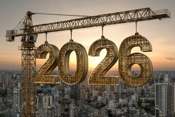 AI-generated construction crane lifting golden 2026 numbers above city skyline