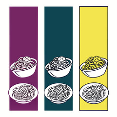 Three banners featuring bowls of spaghetti with meatballs in purple teal and yellow background colors