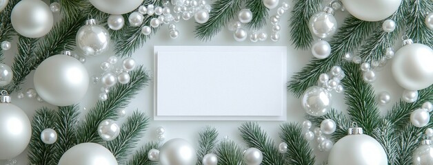 Elegant Christmas Card Surrounded by White Pearls and Pine Branches for Festive Greetings