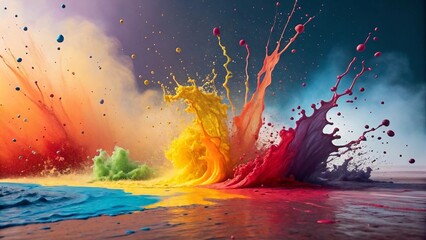 Naklejka premium Explosion of vibrant colors splashing on a wet surface