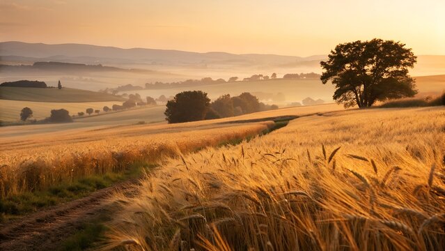 Golden wheat field bathed in warm sunrise light