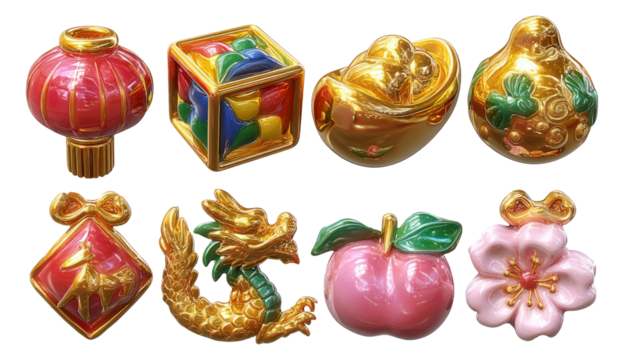 Colorful Chinese Decorative Objects in Unique Shapes and Styles on Transparent Background