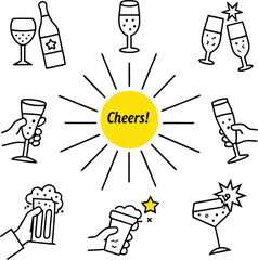 Illustration of celebration with drinks like champagne and beer around a sun with cheers text