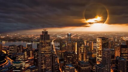 City skyline under solar eclipse with glowing sun partly behind cloud over river while skyscraper and building lights illuminate urban grid at night showing dramatic skyline and solar sun reflection - Powered by Adobe