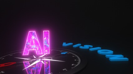 AI Vision Concept with Digital Compass and Futuristic Typography. 3D illustration.