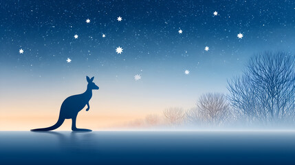 Kangaroo Silhouette Under Southern Cross Constellation at Dawn, Symbol of Australia, Nature, and National Identity in Minimal Landscape Art