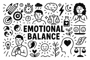 Emotional balance concept with mindfulness, peace, and mental harmony symbols in black and white doodle style, Transparent Background