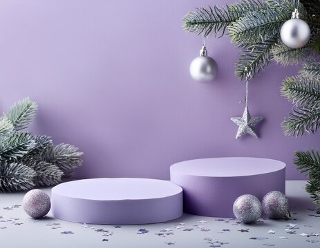 Pale lilac empty podiums on pale lila cbackground with pale lilac christmas tree branches with silver star shape decorations. Christmas concept