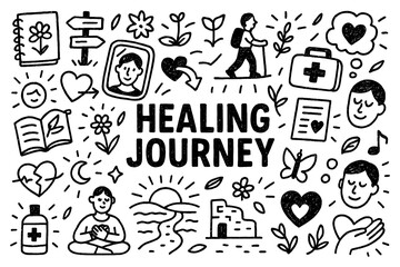 Healing journey with emotional recovery, mindfulness, and self care symbols in black and white doodle style, Transparent Background