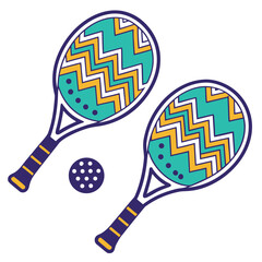 Two pickleball paddles with a teal and yellow zigzag pattern and a pickleball on a white background