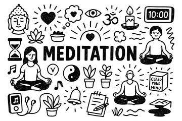 Meditation concept with mindfulness, stillness, and relaxation symbols in black and white doodle style, Transparent Background