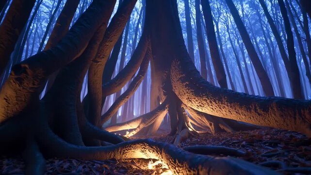 Glowing tree roots twist through misty night forest. Light glows under roots of massive trunk. Magic fills forest as glowing light moves along roots. Tree glow and night mist create fantasy mood