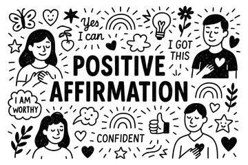 Positive affirmation concept with motivational self-love and encouragement icons in black and white doodle style, Transparent Background