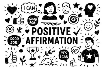 Positive affirmation concept with motivational self-love and encouragement icons in black and white doodle style, Transparent Background