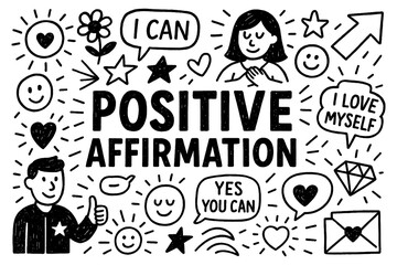 Positive affirmation concept with motivational self-love and encouragement icons in black and white doodle style, Transparent Background