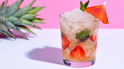 Celebrate Cocktail Straw Day with a refreshing mixed drink featuring ice, fresh fruits, and a colorful straw against a vibrant pink backdrop