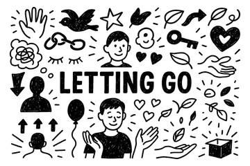 Letting go concept with mindfulness, acceptance, and emotional release symbols in black and white doodle style, Transparent Background