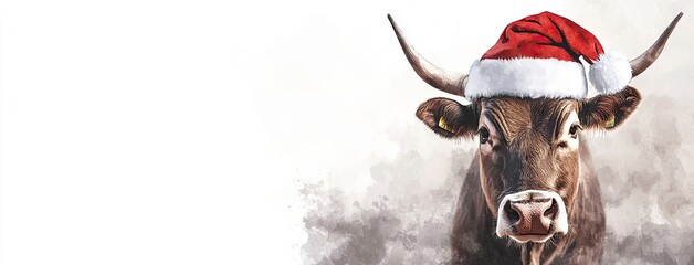 A festive highland cow wearing a Santa hat in a charming watercolor style against a blank canvas for your holiday wishes