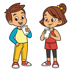 Illustration of a boy and a girl drinking from cups with straws standing side by side happily together