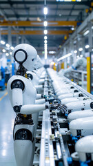 Humanoid Robots Operate on a High-Tech Assembly Line in a Factory Vertical