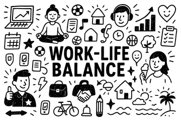 Work life balance concept with career, leisure, and wellbeing icons in black and white doodle style, Transparent Background
