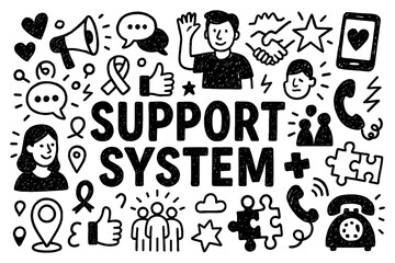 Support system concept with empathy, connection, and mental health symbols in black and white doodle style, Transparent Background
