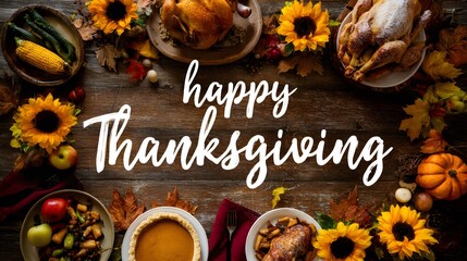 White calligraphy “Happy Thanksgiving” tops wooden table laden with turkey, sunflowers, pumpkin pie, sweet potato casserole and autumn leaves