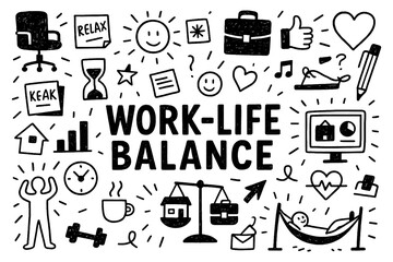 Work life balance concept with career, leisure, and wellbeing icons in black and white doodle style, Transparent Background