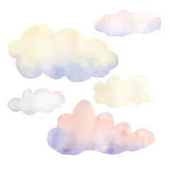 Set of watercolor clouds in pastel colors. Hand-drawn illustration. For nursery decor and childrens books. 