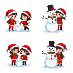 Fototapeta premium Children in festive attire building and admiring a snowman in a winter scene.