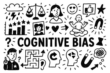 Cognitive bias concept with perception errors, decision making, and reasoning symbols in black and white doodle style, Transparent Background