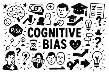Cognitive bias concept with perception errors, decision making, and reasoning symbols in black and white doodle style, Transparent Background