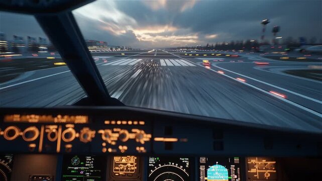View from the cockpit of an airplane taking off on a runway at dusk or dawn