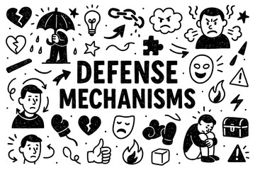 Defense mechanisms psychology concept with emotional reactions and coping symbols in black and white doodle style, Transparent Background