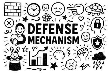 Defense mechanisms psychology concept with emotional reactions and coping symbols in black and white doodle style, Transparent Background