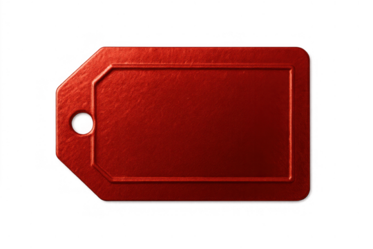 Blank red metallic price tag for retail promotions, sale advertising, and product branding on transparent background