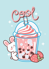 Cool Bunny Boba Cute Cartoon of Strawberry Bubble Drink Scene