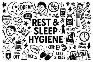 Rest and sleep hygiene concept with bedtime routine, relaxation, and good sleep habits in black and white doodle style, Transparent Background