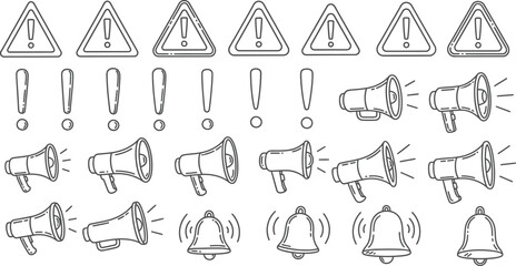 Set of black and white line art icons for alerts, notifications, risk, warning, danger, and social media sounds vector illustration