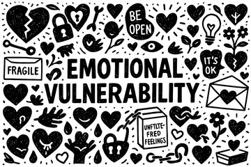 Emotional vulnerability concept with open heart, fragile feelings, and self awareness symbols in black and white doodle style, Transparent Background
