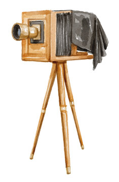 Watercolor old wooden camera isolated on white background