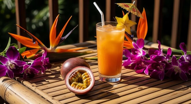 Summer Cocktail Delight: Tropical Drink, Fresh Fruits and Exotic Flowers Composition